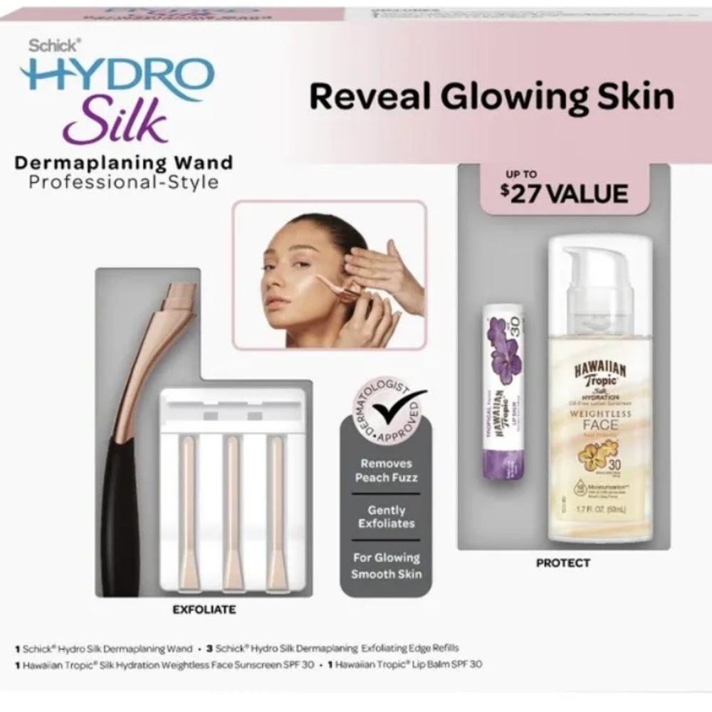 NIB Schick Hydro Silk Dermaplaning Wand Kit Hawaiian Tropic Sunscreen Lip